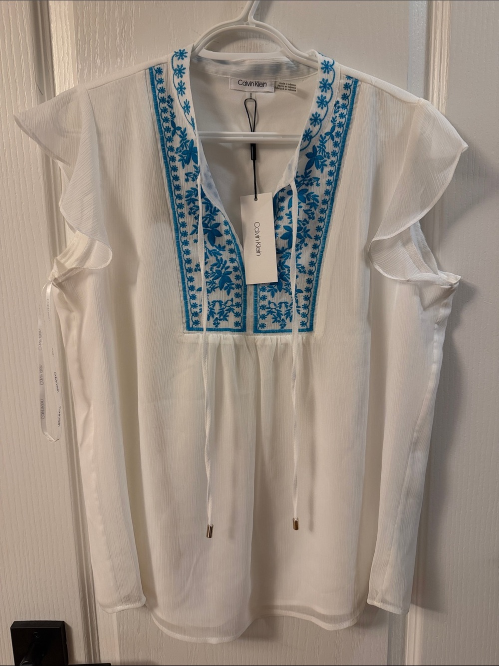 Calvin Klein White Blouse with Turquoise Embroidered Yoke NWT